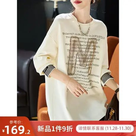 宝诗黎圆领字母烫钻时尚宽松长袖T恤女棉质落肩上衣2024春季新款商品大图