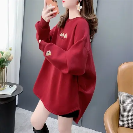 中长款加绒加厚刺绣圆领卫衣女秋冬2023年新款宽松设计感爆款上衣商品大图