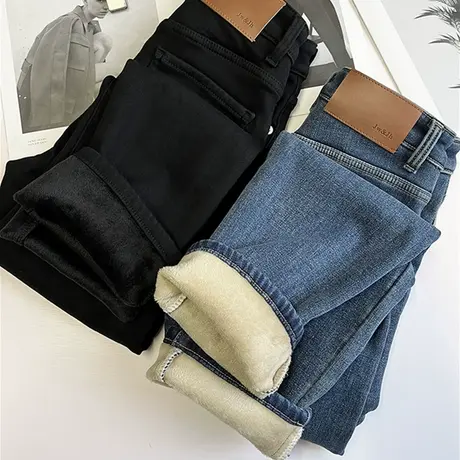 享永子【梨形身材放心入】显瘦仿水貂绒加绒烟管裤高腰直筒牛仔裤商品大图