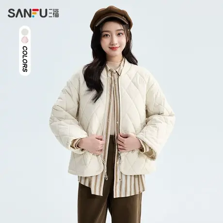 三福棉服女2023新款冬季菱格圆领棉衣小个子韩系保暖棉袄外套女装商品大图