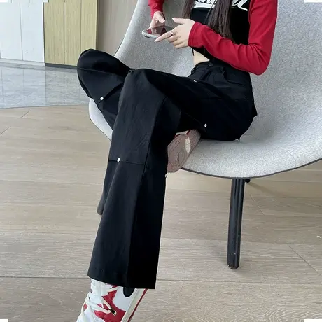 断码清仓不退不换甜酷高腰直筒工装裤女设计感休闲运动阔腿拖地裤商品大图