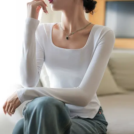 春秋纯棉打底衫内搭女白色长袖t恤新款方领修身显瘦百搭纯欲上衣商品大图