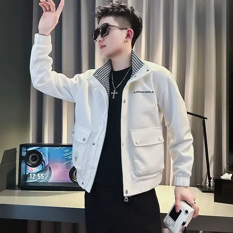 刺绣夹克春季痞帅褂子2023新款男装上衣工装潮牌立领重磅ins外套商品大图