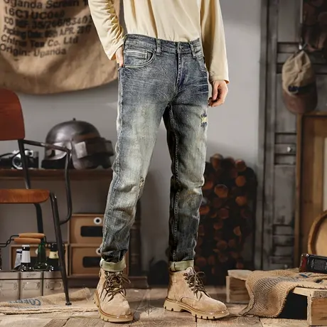 美式时尚复古男士牛仔裤修身小直筒长裤潮牌破洞怀旧百搭弹力裤子商品大图