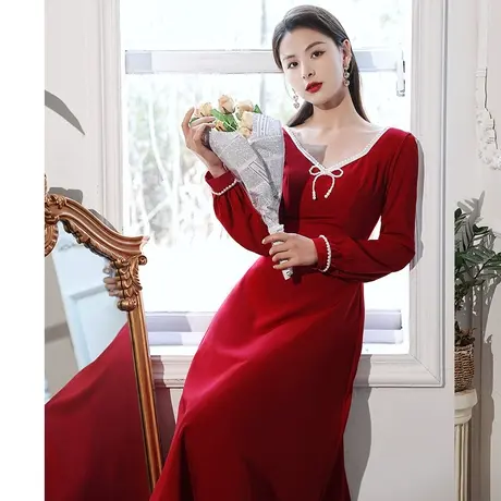敬酒服酒红色平时可穿2024新款订婚礼服回门连衣裙夏季缎面女长袖图片