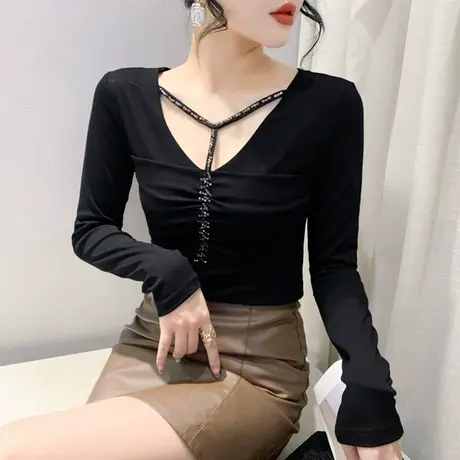 设计感镂空重工钉珠拼接褶皱长袖气质内塔上衣女修身T恤打底小衫商品大图