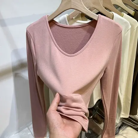 2024年新款加薄绒长袖T恤女春季百搭修身显瘦打底衫V领上衣潮牌图片