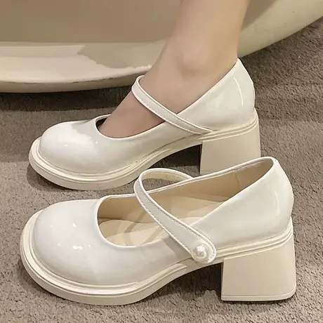 2024春季新款法式白色珍珠玛丽珍单鞋女圆头中高粗跟复古jk小皮鞋商品大图
