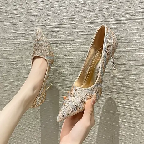 法式高跟鞋女细跟2024新款宴会礼服不累脚闪闪水钻尖头单鞋配裙子图片