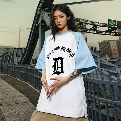 美式高街重磅拼接插肩华夫格短袖T恤男oversize宽松潮牌半袖夏季商品大图