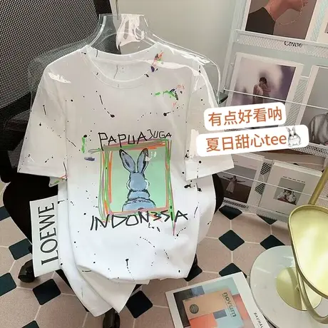 纯棉设计感趣味涂鸦印花短袖t恤女夏季新款小众韩版宽松上衣潮牌图片