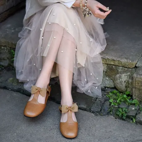 Artmu阿木原创甜美森女蝴蝶结T字凉鞋女包头舒适软底半凉鞋真皮商品大图