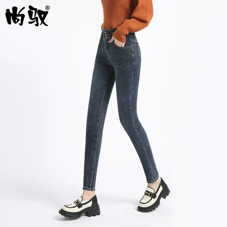 蓝色弹力牛仔裤女2023秋冬新款高腰小脚裤一体抓毛保暖裤显瘦百搭图片