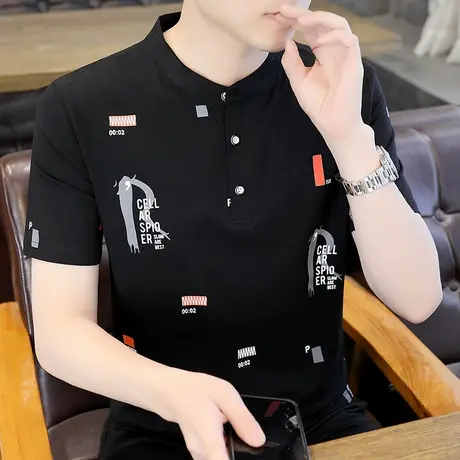 夏季立领短袖POLO衫青年修身型男士半袖T恤休闲潮流青春流行上衣商品大图