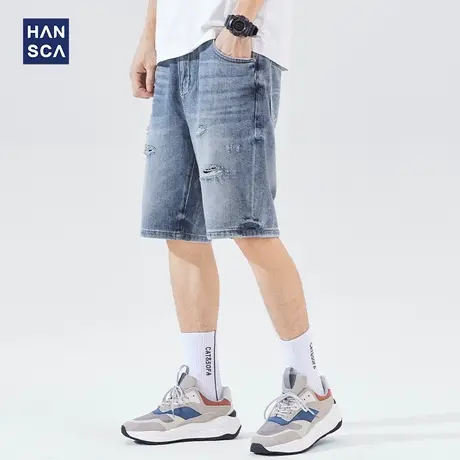 汉斯卡破洞牛仔短裤男五分裤夏季薄款宽松直筒潮流大码休闲中裤男商品大图