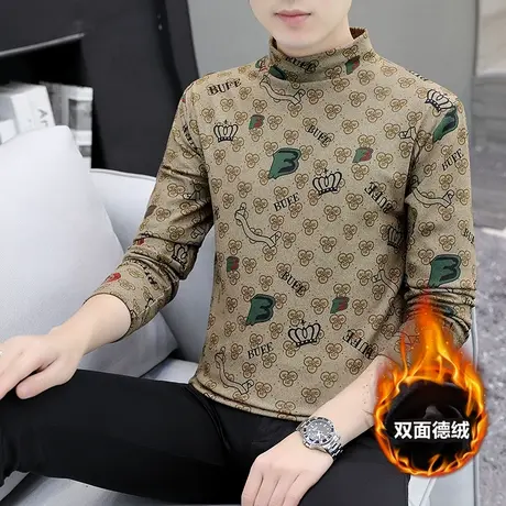 男士半高领德绒长袖T恤衫双面绒加肥加大码卫衣个性潮流打底小衫商品大图