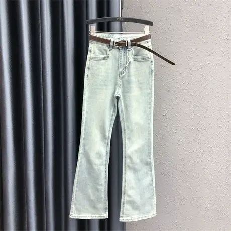 欧货微喇裤女2024春夏新款浅蓝色个性贴布设计感高腰显瘦牛仔长裤图片