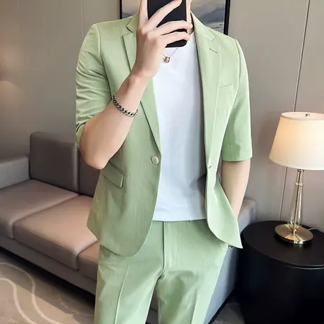 休闲中袖小西装男垂感外套春夏薄款短袖西服搭配修身九分裤一套潮商品大图