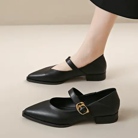 网红超火玛丽珍鞋女2024春夏季新款尖头浅口单鞋配裙子粗跟小皮鞋商品大图