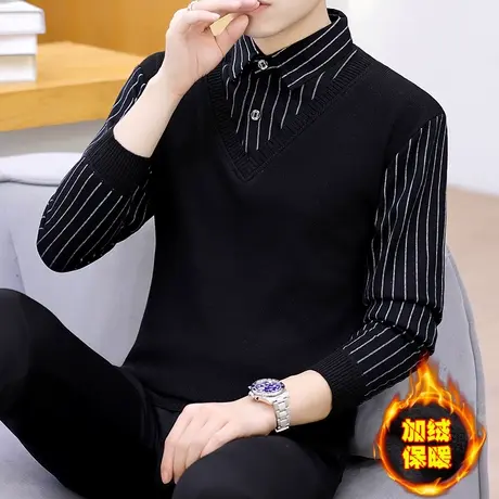 秋冬季假两件毛衣男士潮流衬衫领针织打底衫加绒加厚带领秋装上衣商品大图