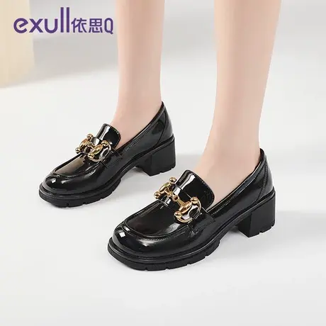 依思q漆皮单鞋女粗跟2024年新款英伦风女鞋厚底增高鞋jk黑色皮鞋商品大图