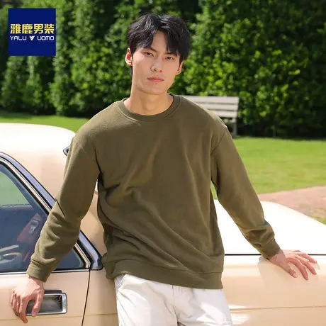雅鹿男装纯色秋冬季圆领加绒加厚卫衣男士长袖T恤潮流宽松上衣服商品大图