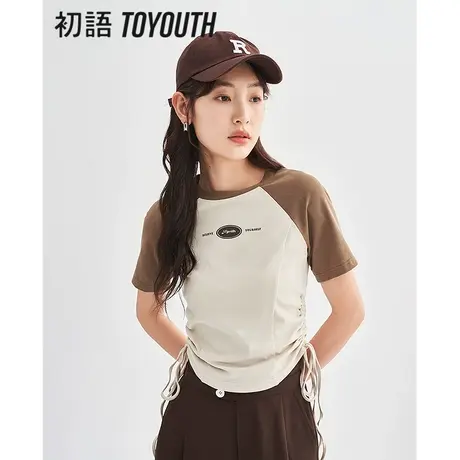 TOYOUTH初语美式复古风t恤女2023夏季新款抽绳收腰插肩袖印花上衣商品大图