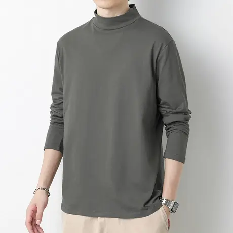 纯棉长袖t恤男装秋季小衫半高领潮流内搭打底衫全棉纯色中领秋衣商品大图