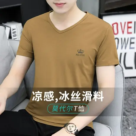 莫代尔短袖t恤男V领上衣服潮流夏季冰丝光棉速干凉感半袖印花体恤商品大图