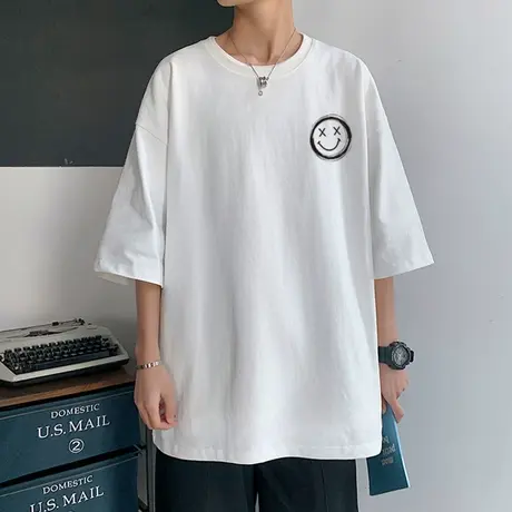 港风宽松t恤男潮牌笑脸印花纯棉短袖潮流半袖体恤情侣百搭打底衫t商品大图