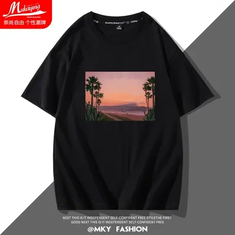 港风插画印花短袖t恤男夏季潮流ins纯棉圆领风景图案打底衣服体恤商品大图