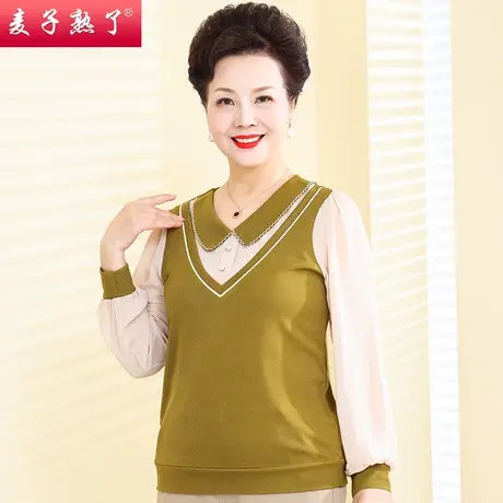妈妈春装新款洋气长袖T恤小衫阔太太针织上衣服秋中老年人女装夏图片