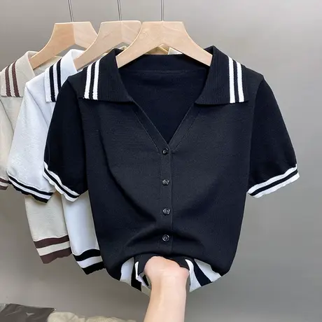 方领冰丝针织开衫女2023春夏秋新款外穿上衣短款外套短袖t恤衫潮商品大图