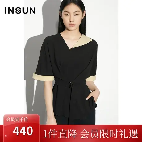 恩裳COVER2023夏季新款简约大气蝙蝠袖撞色设计舒适醋酸衬衫图片