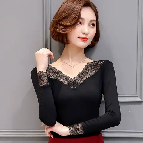 V领打底衫女春秋薄款内搭长袖性感蕾丝上衣莫代尔小衫黑色低领T恤商品大图