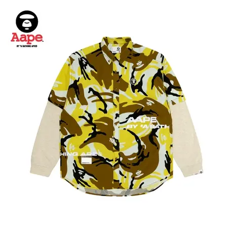 Aape旗舰店男装秋冬猿颜徽章字母刺绣假两件迷彩长袖衬衫8464XBL商品大图