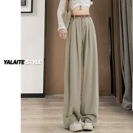 高腰阔腿牛仔裤女垂感宽松2023年百搭美式设计感拖地褶皱直筒裤子商品大图