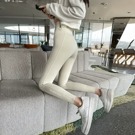 杏色鲨鱼皮打底裤女外穿2023春秋新款高腰显瘦收腹提臀字母芭比裤图片