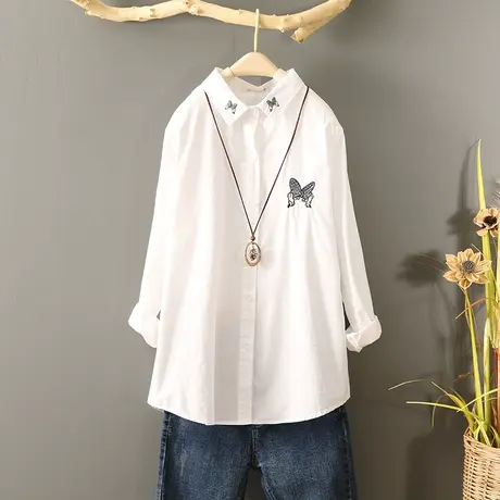 新品春装新款文艺小清新短款衬衫长袖宽松刺绣白色衬衣女学生上衣图片
