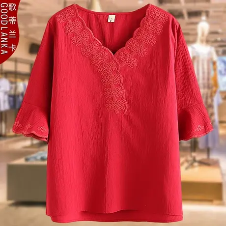 40-50岁中年妈妈夏装雪纺衫上衣宽松洋气妈妈装V领刺绣短袖T恤女商品大图