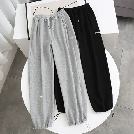 韩版灰色运动裤女春秋新款薄款宽松束脚高腰显瘦直筒抽绳休闲裤子图片