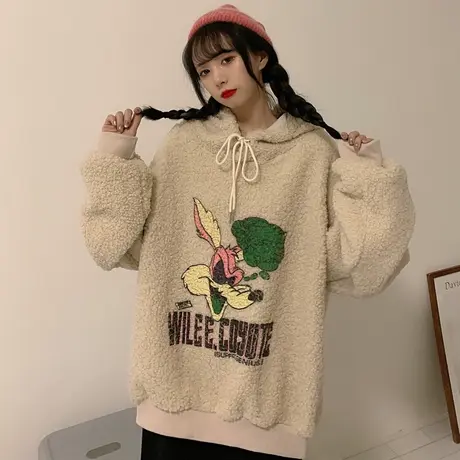 ulzzang卫衣女2020新款秋冬宽松韩版潮ins上衣加绒加厚羊羔毛外套商品大图
