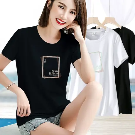 纯棉t恤女黑色短袖夏季2023新款修身百搭打底t桖显瘦印花上衣体恤商品大图