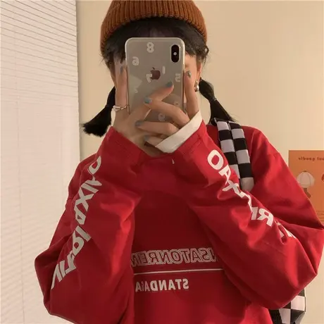 新款韩版秋冬季自制设计感圆领宽松bf慵懒风休闲百搭套头卫衣女潮图片