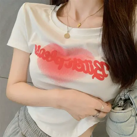 爱心字母印花T恤女装夏季ins潮流港风修身短款设计感小众短袖上衣商品大图