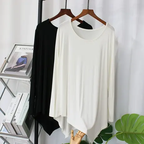 柔软垂感宽松莫代尔T恤女春秋季 不规则下摆长袖内搭打底衫上衣潮商品大图