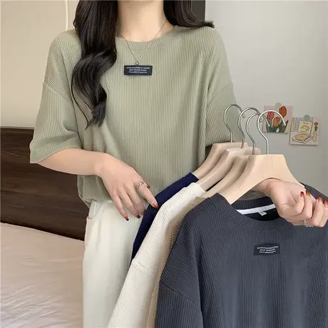 ins超火螺纹短袖t恤女2022新款早春夏装宽松半袖上衣洋气打底小衫商品大图