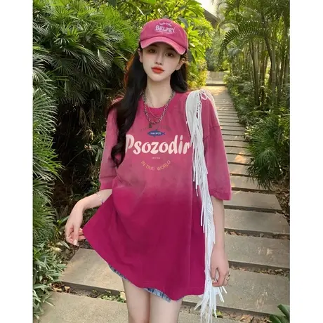 渐变色短袖t恤女夏季小众设计感宽松美式复古独特别致半袖上衣ins商品大图