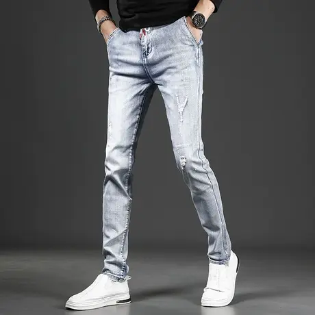 高端破洞牛仔裤男秋冬季2022新款修身小脚男士浅色休闲厚款裤子男商品大图