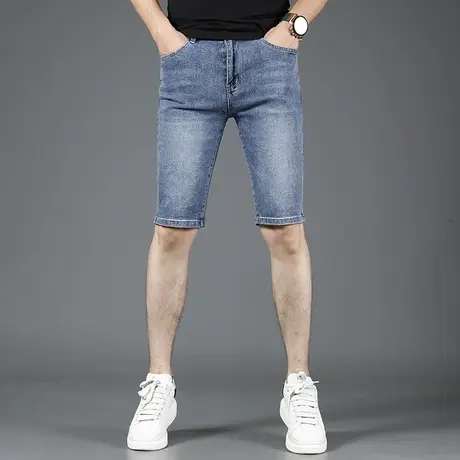 蓝色牛仔短裤男五分裤夏季薄款2023新款修身弹力男士短裤中裤外穿商品大图